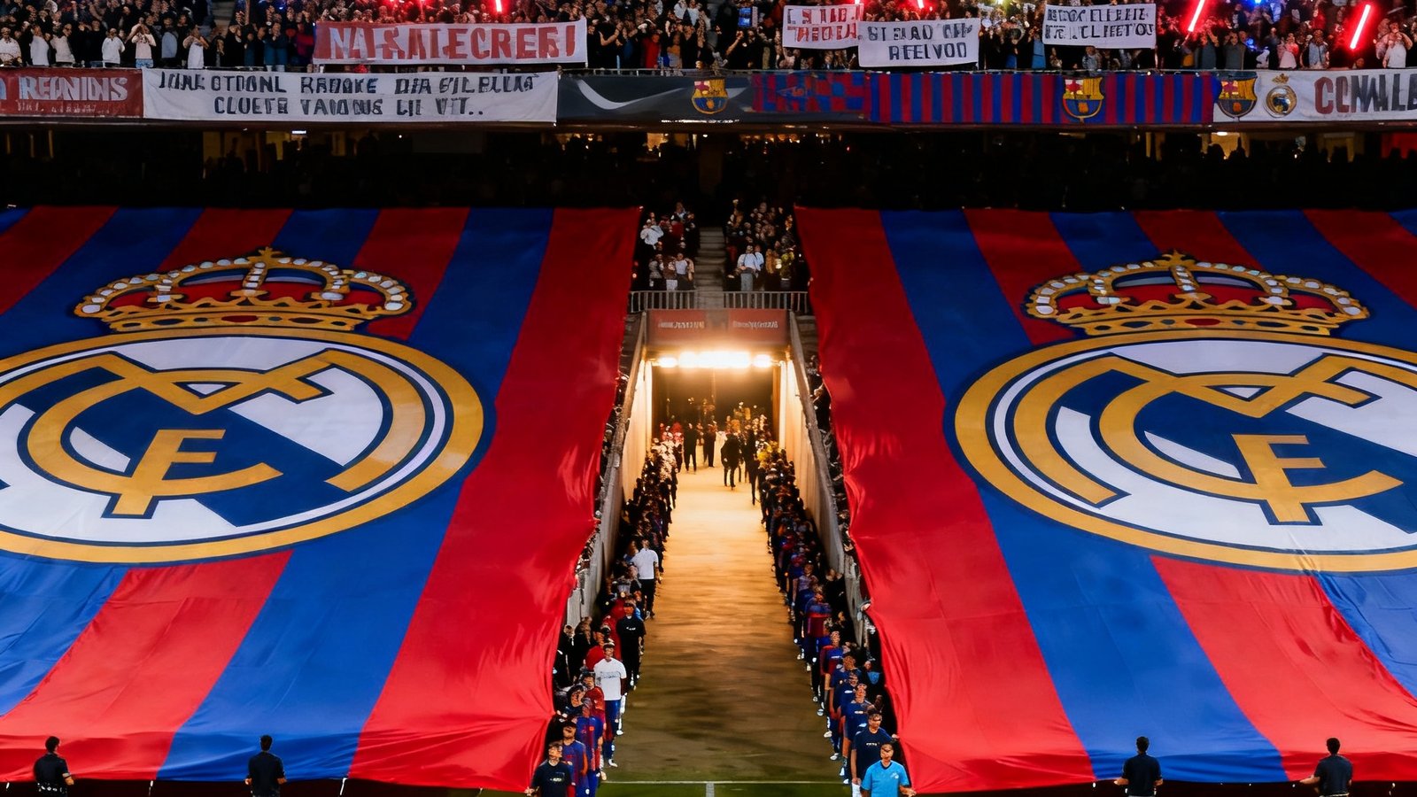 诺坎普球场巨型tifo，巴萨与皇马球员入场，国家德比氛围